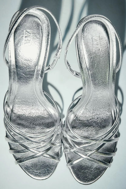 METALLIC SILVER HIGH-HEEL SANDALS