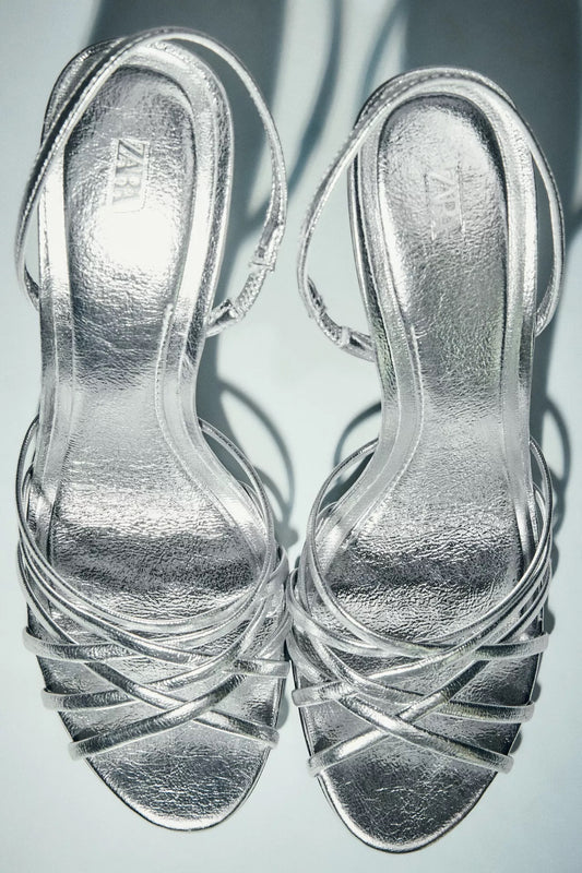 METALLIC SILVER HIGH-HEEL SANDALS