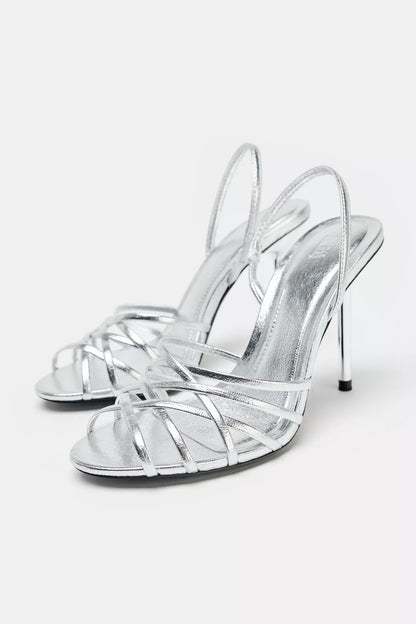 METALLIC SILVER HIGH-HEEL SANDALS