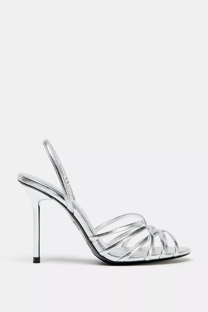 METALLIC SILVER HIGH-HEEL SANDALS