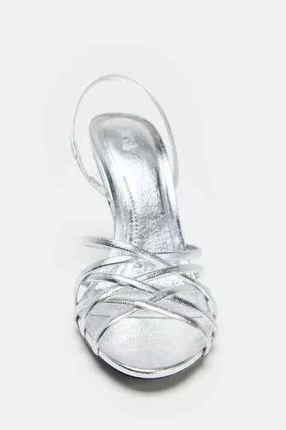 METALLIC SILVER HIGH-HEEL SANDALS
