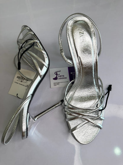 METALLIC SILVER HIGH-HEEL SANDALS
