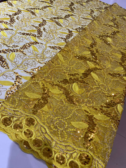 Yellow Embroidery Sequins Lace