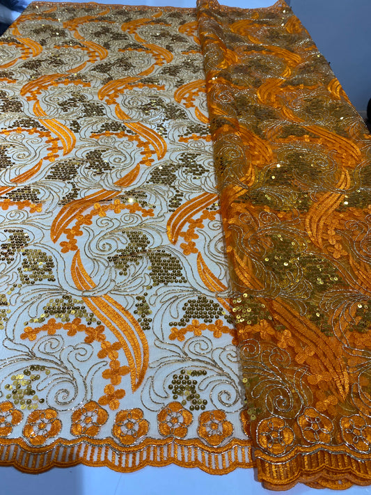 Orange Embroidery Sequins Lace