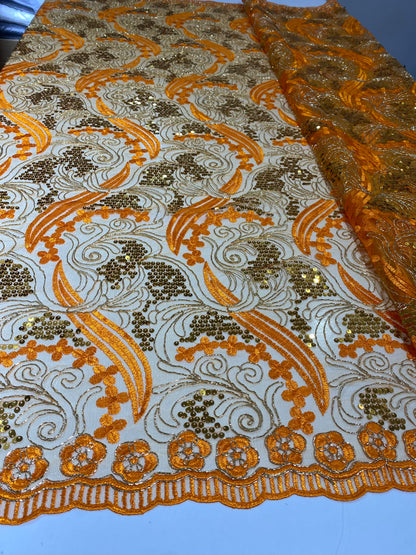 Orange Embroidery Sequins Lace