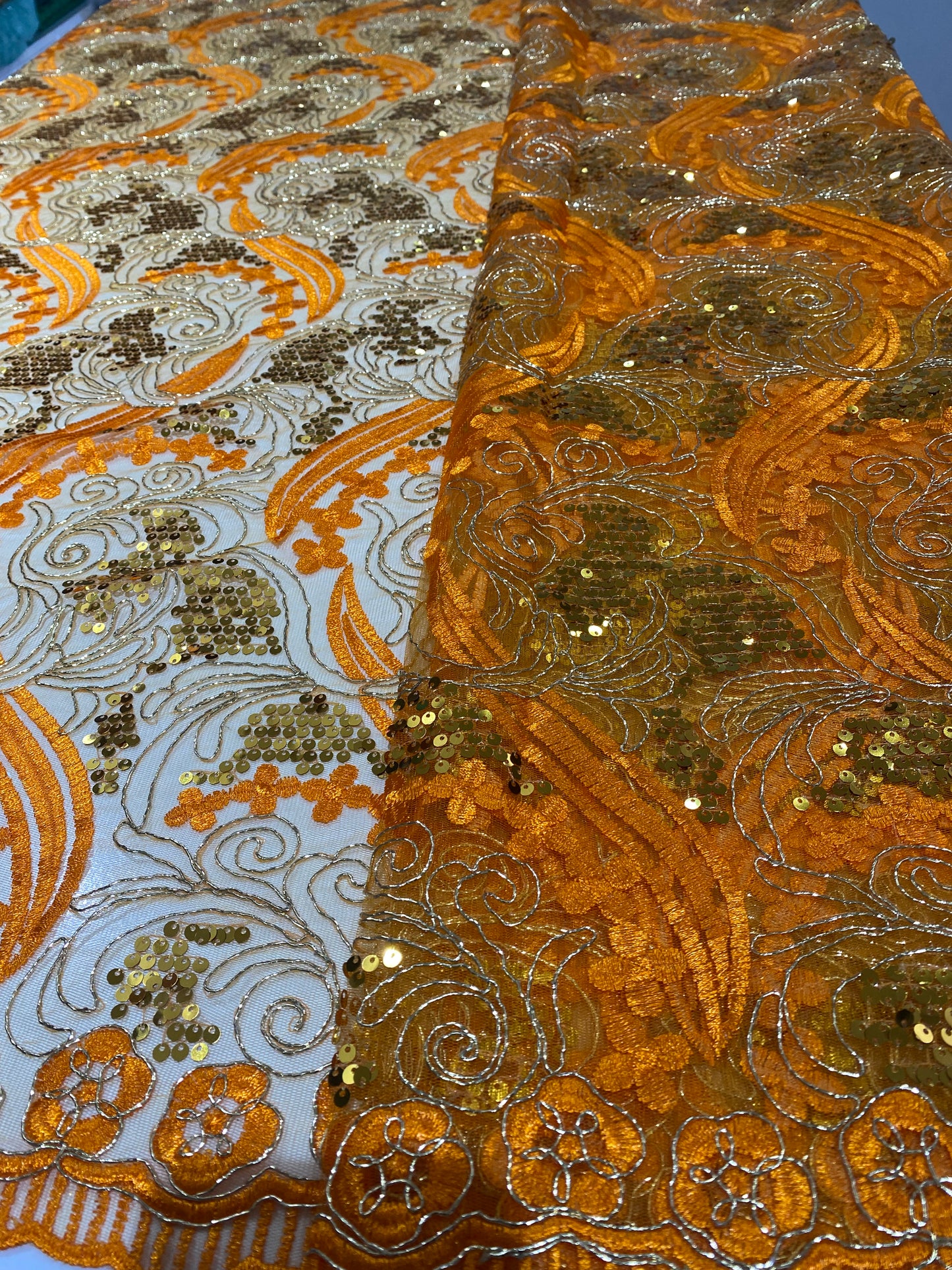 Orange Embroidery Sequins Lace