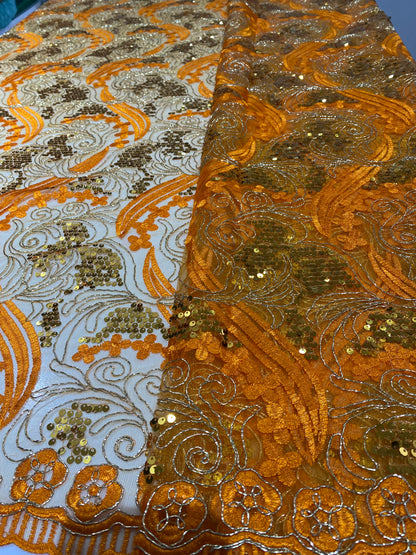 Orange Embroidery Sequins Lace