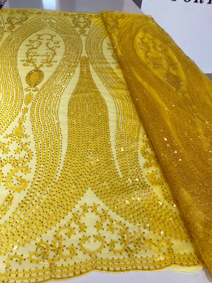 Yellow Beaded Fabric